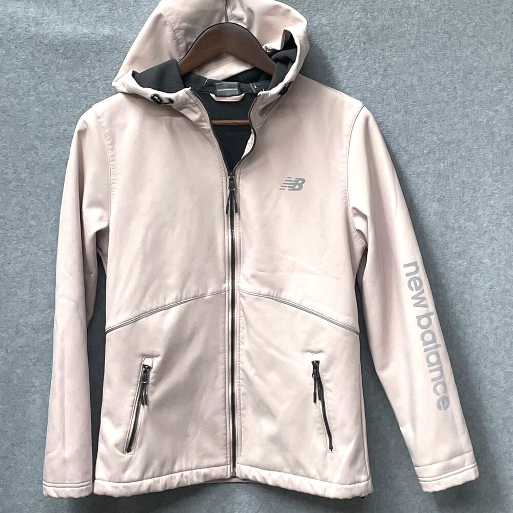 New Balance Women's Soft Shell Pink Jacket Hooded Fleece Lined Gray Full Zip M